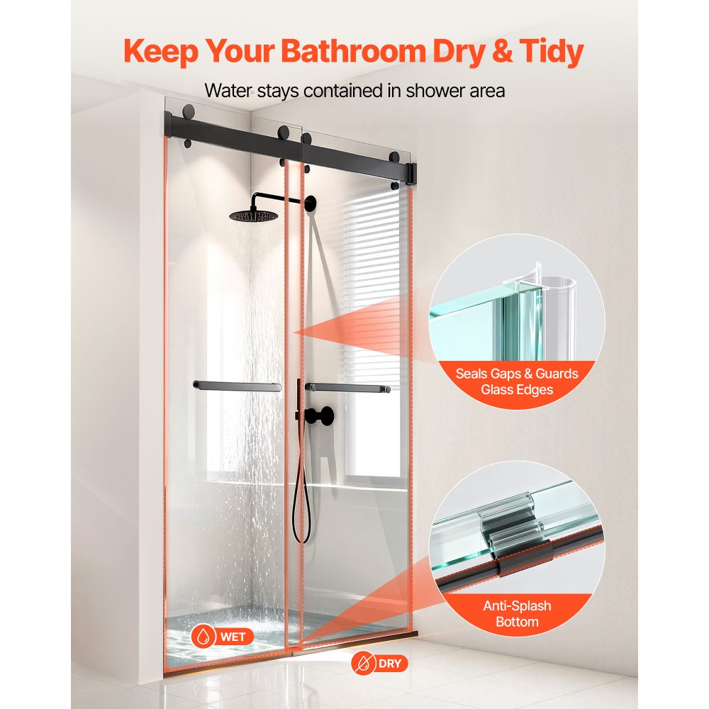 VEVOR Frameless Shower Door, 1219 mm W x 1930mm H, Shower Sliding Glass Door with 10 mm Thick Clear Tempered Glass, Noiseless Shatterproof Nano Coating, with Rail, Seal Strip and Hardware Kit