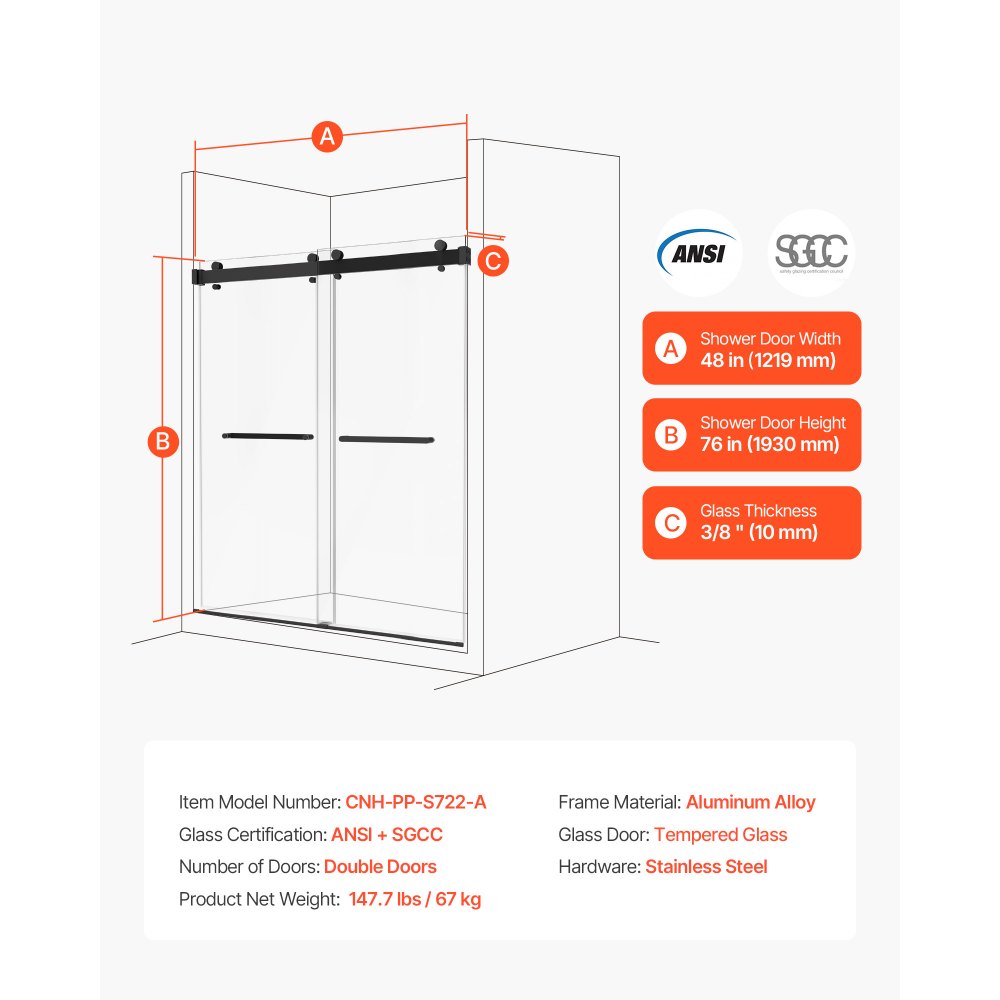 VEVOR Frameless Shower Door, 1219 mm W x 1930mm H, Shower Sliding Glass Door with 10 mm Thick Clear Tempered Glass, Noiseless Shatterproof Nano Coating, with Rail, Seal Strip and Hardware Kit