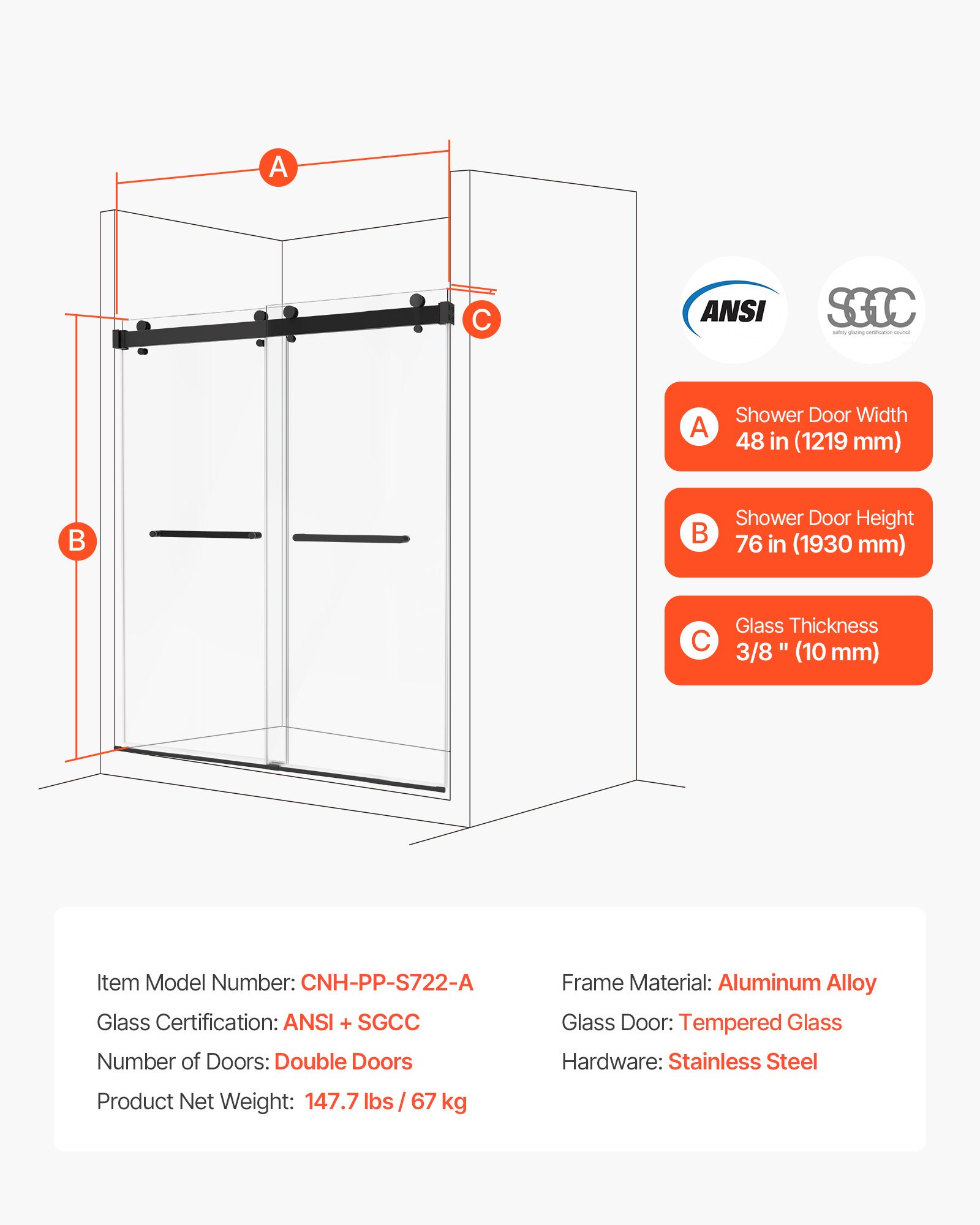 VEVOR Frameless Shower Door, 1219 mm W x 1930mm H, Shower Sliding Glass Door with 10 mm Thick Clear Tempered Glass, Noiseless Shatterproof Nano Coating, with Rail, Seal Strip and Hardware Kit