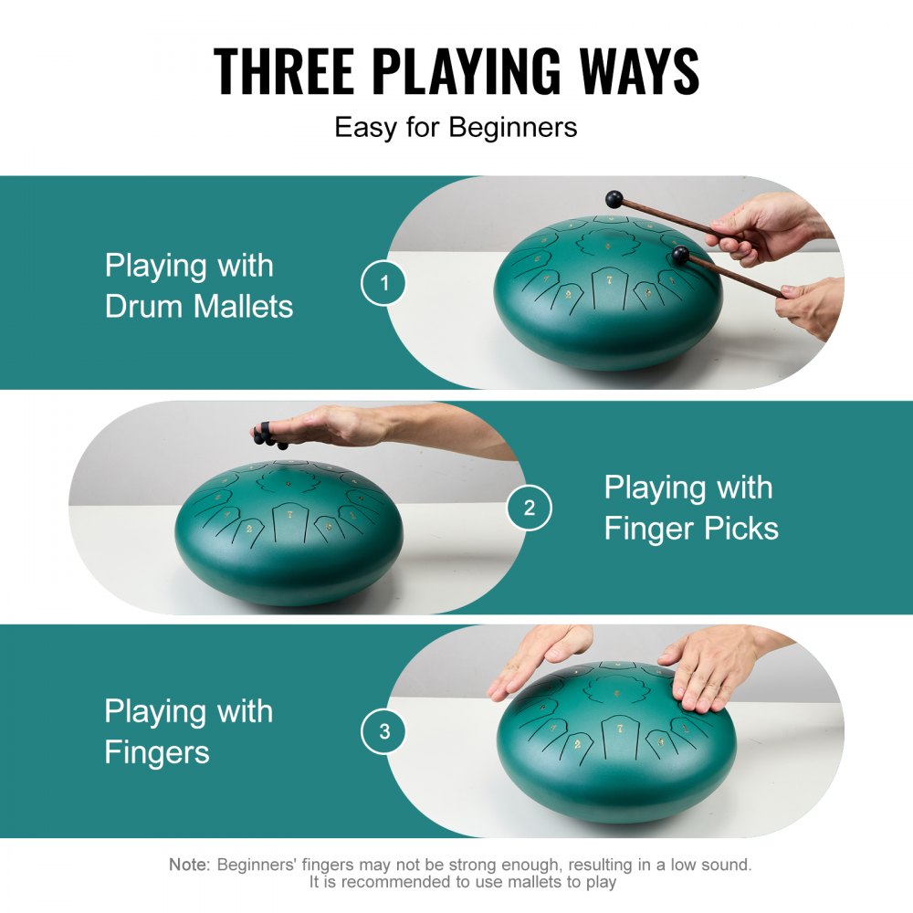 VEVOR Steel Tongue Drum, 12 in & 13 Notes, C Major Steel Drum for Outside Garden, with 2 Mallets & Carry Bag, Hand Pan Drum Percussion Instrument for Meditation Musical Education Yoga, Green