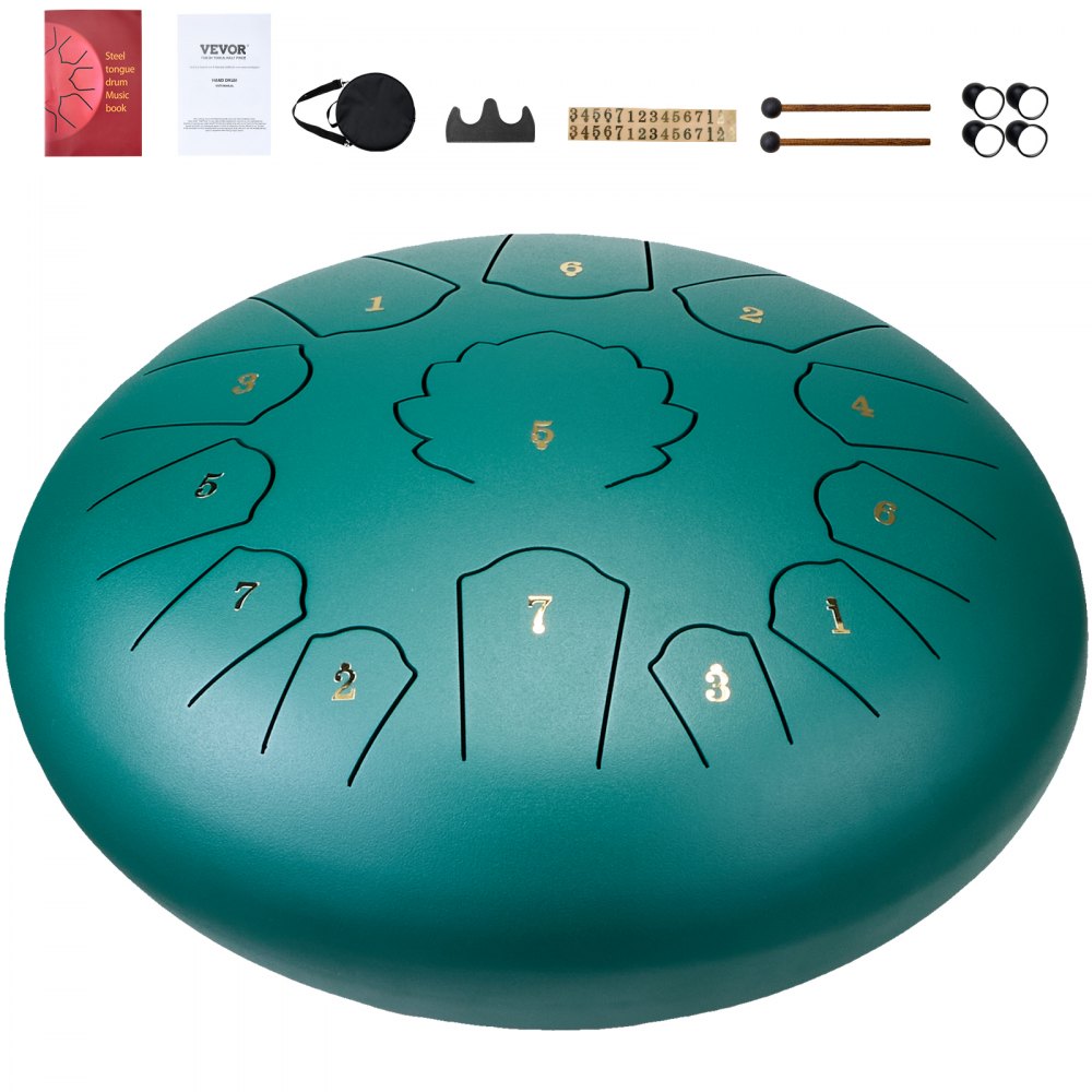 VEVOR Steel Tongue Drum, 12 in & 13 Notes, C Major Steel Drum for Outside Garden, with 2 Mallets & Carry Bag, Hand Pan Drum Percussion Instrument for Meditation Musical Education Yoga, Green