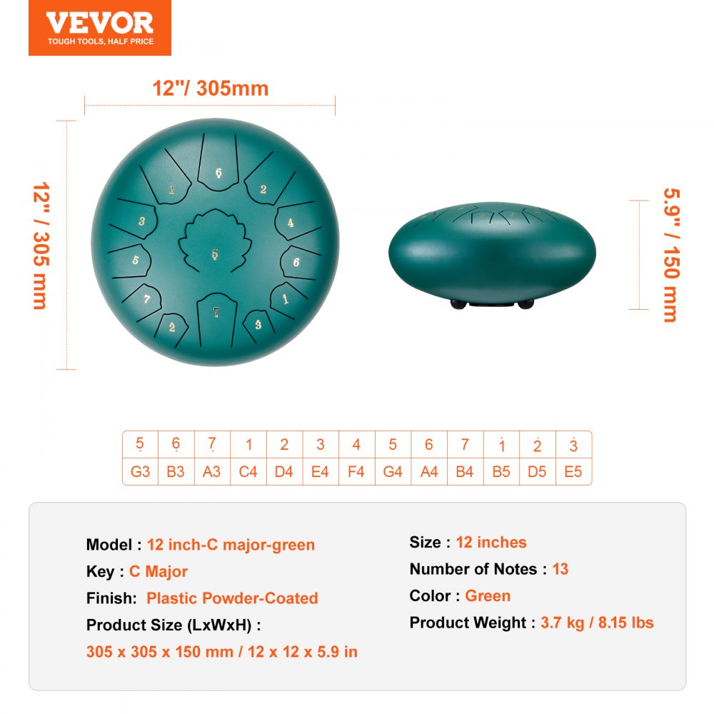 VEVOR Steel Tongue Drum, 12 in & 13 Notes, C Major Steel Drum for Outside Garden, with 2 Mallets & Carry Bag, Hand Pan Drum Percussion Instrument for Meditation Musical Education Yoga, Green