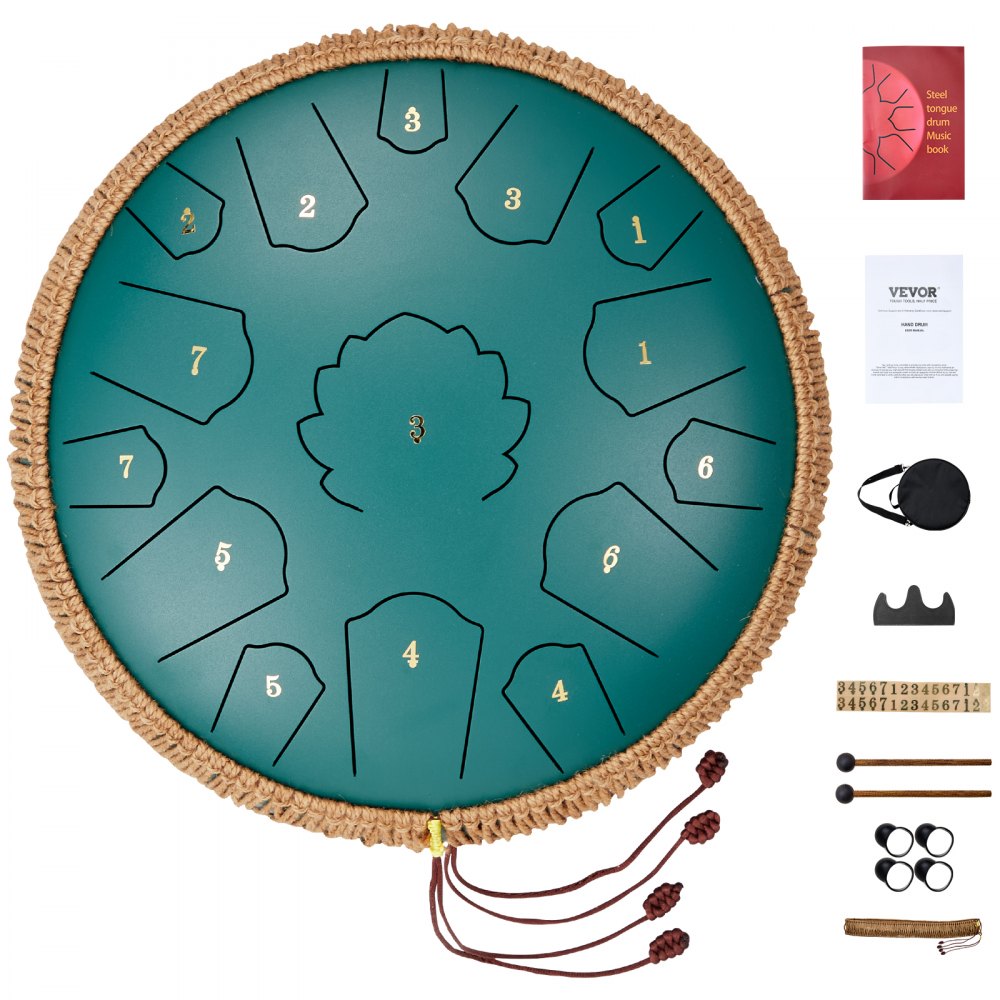 VEVOR Steel Tongue Drum 14 in 15 Notes Rain Drum for Outside D Major Green