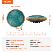 VEVOR Steel Tongue Drum 14 in 15 Notes Rain Drum for Outside D Major Green