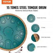 VEVOR Steel Tongue Drum 14 in 15 Notes Rain Drum for Outside C Major Green