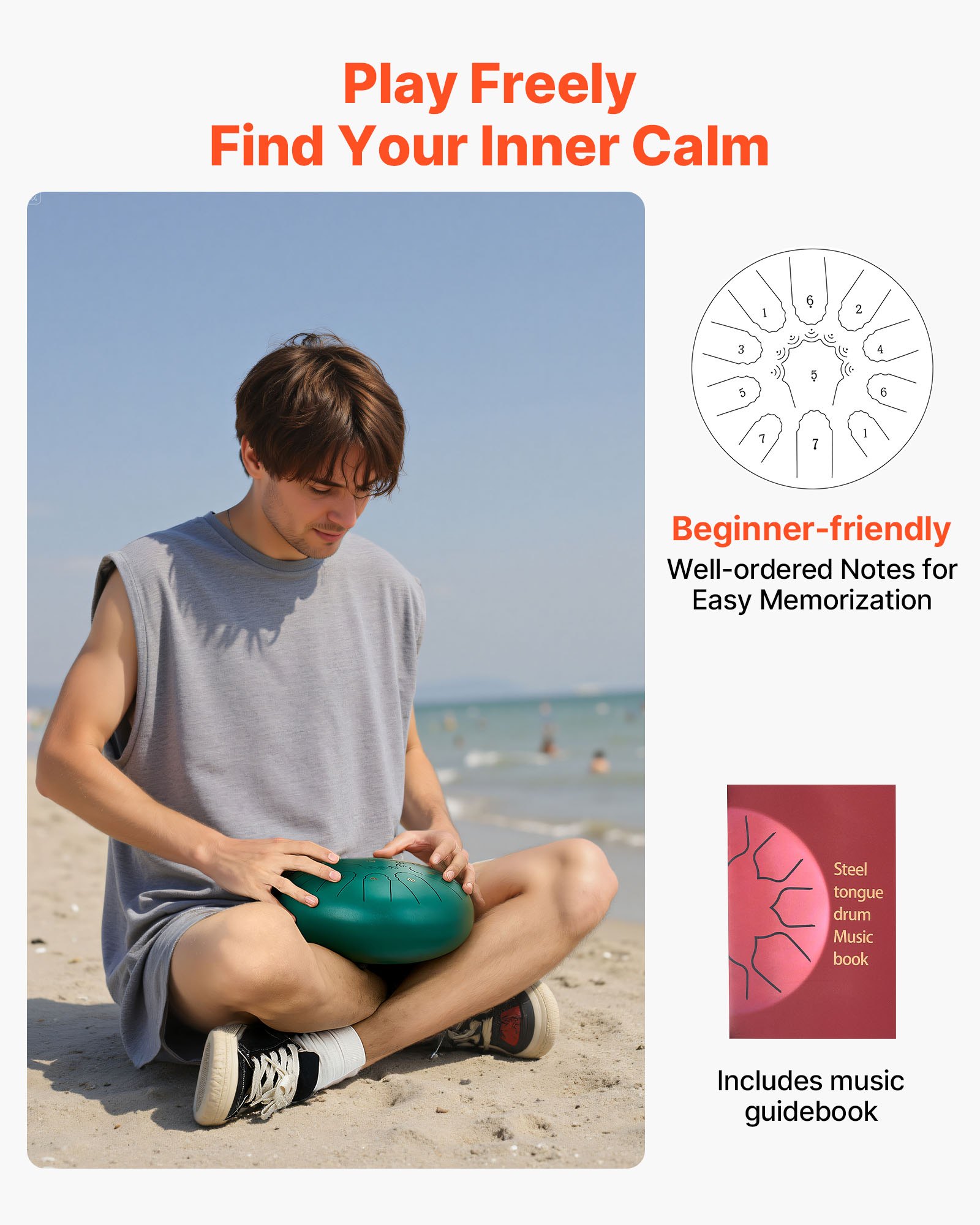 VEVOR Steel Tongue Drum, 10 in 11 Notes Rain Drum for Outside Garden, C Major Musical Drums with Music Book & Mallets, Percussion Instrument for Meditation Yoga Beginner Musical Education, Green