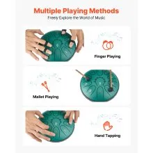 VEVOR Steel Tongue Drum, 6 in 11 Notes Rain Drum for Outside Garden, D Major Musical Drums with Music Book & Mallets, Percussion Instrument for Meditation Yoga Beginner Musical Education, Green