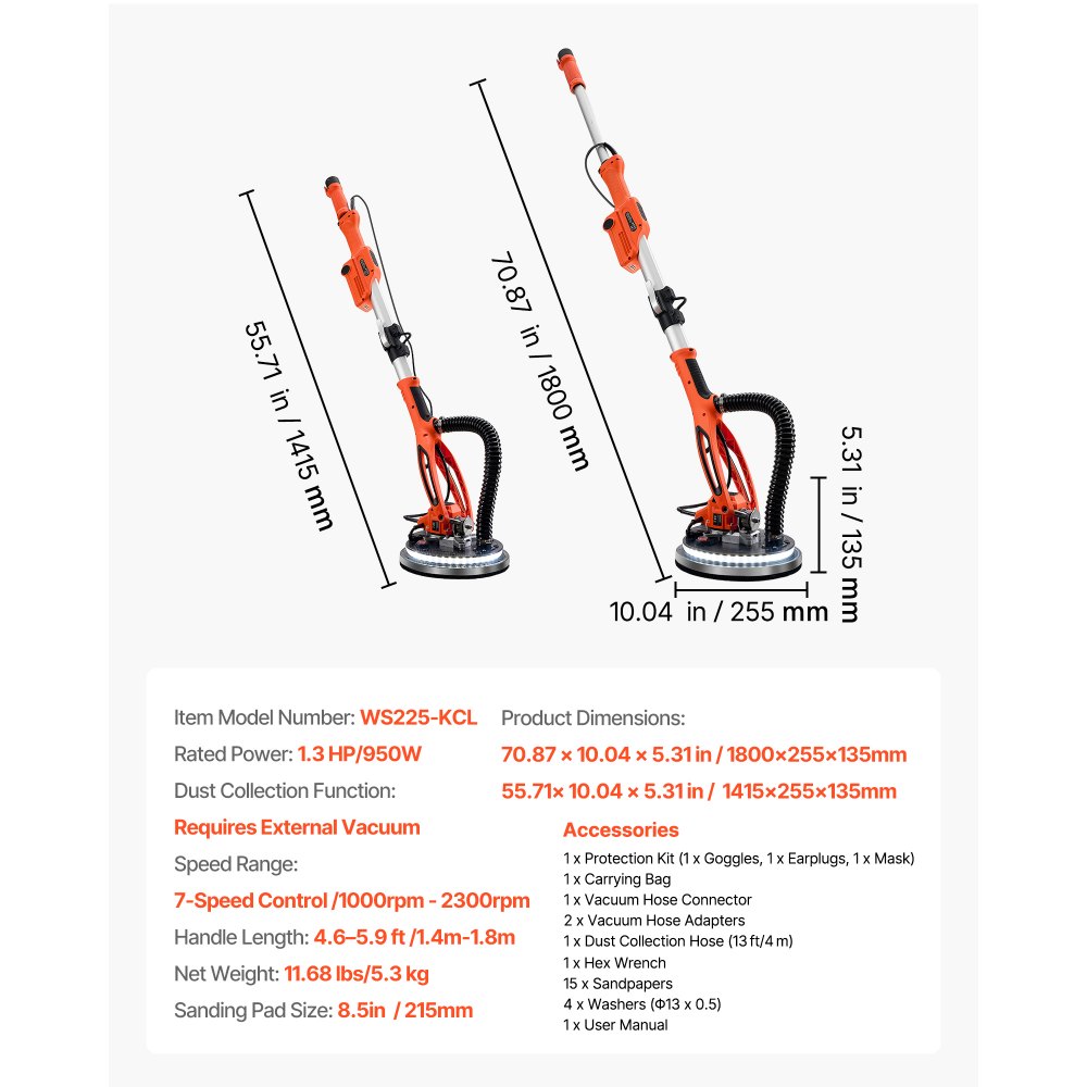 VEVOR Drywall Sander, 950W Electric Drywall Sander, Popcorn Ceiling Removal Tool with 7 Variable Speed 1000-2300 RPM, Double-Deck LED Light, Foldable & Extendable Handle, 15 Sanding Discs, Dust Hose