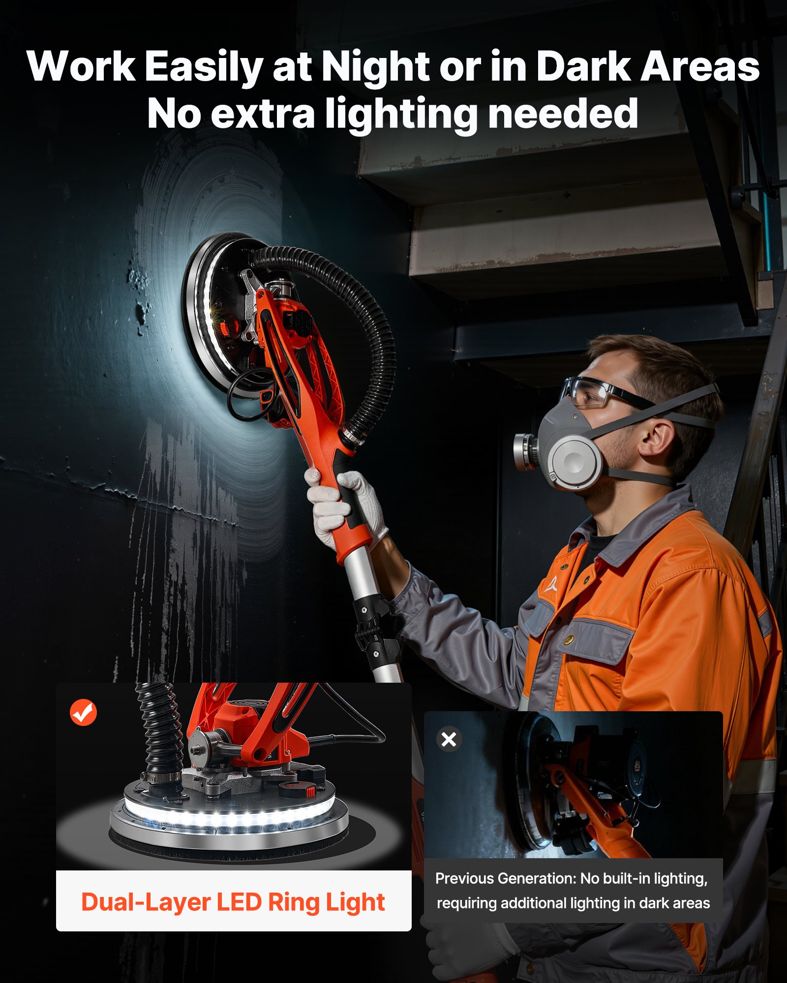 VEVOR Drywall Sander, 950W Electric Drywall Sander, Popcorn Ceiling Removal Tool with 7 Variable Speed 1000-2300 RPM, Double-Deck LED Light, Foldable & Extendable Handle, 15 Sanding Discs, Dust Hose