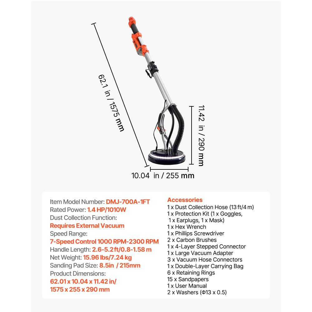 VEVOR Drywall Sander, 1010W Electric Drywall Sander, Popcorn Ceiling Removal Tool with 7 Variable Speed 1000-2200 RPM, Double-Deck LED Light, Foldable & Extendable Handle, 15 Sanding Discs, Dust Hose