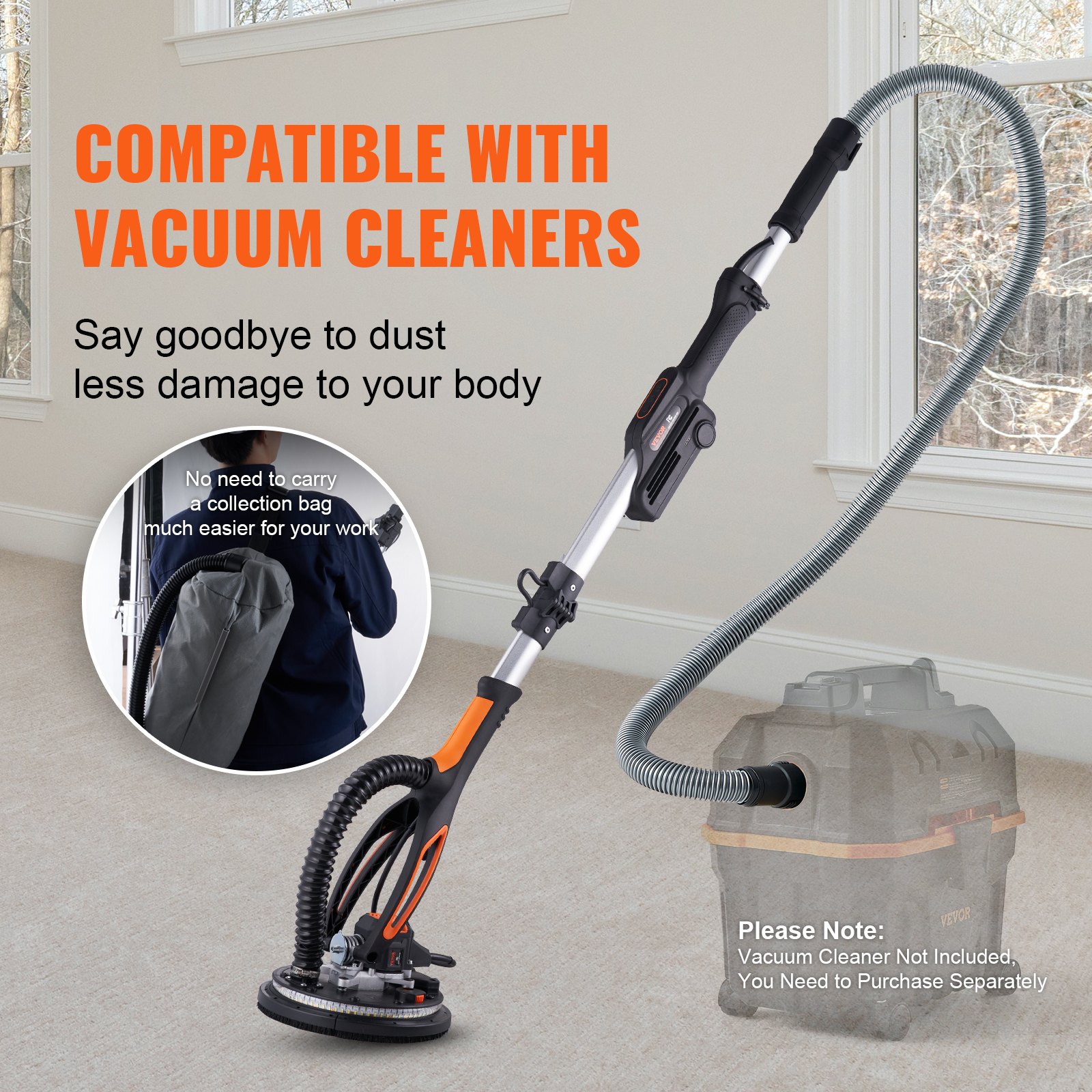 VEVOR Drywall Sander, 800W Brushless Motor Electric Sander, Variable Speed 1000-2300 RPM Wall Sander, Foldable Ceiling Sander with Double-Deck LED Lights, Extendable Handle, 12 Sanding Discs