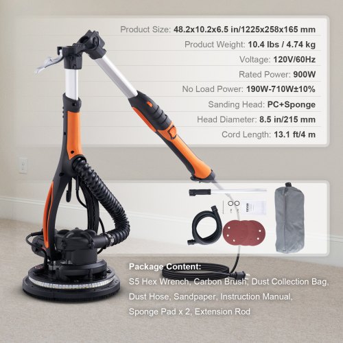Ponceuse à Placo Portative Hancaner 850W - Vitesse Variable 1500-2600 Tr/min, 12 Disques Inclus, Sac à Poussière, Lumière LED