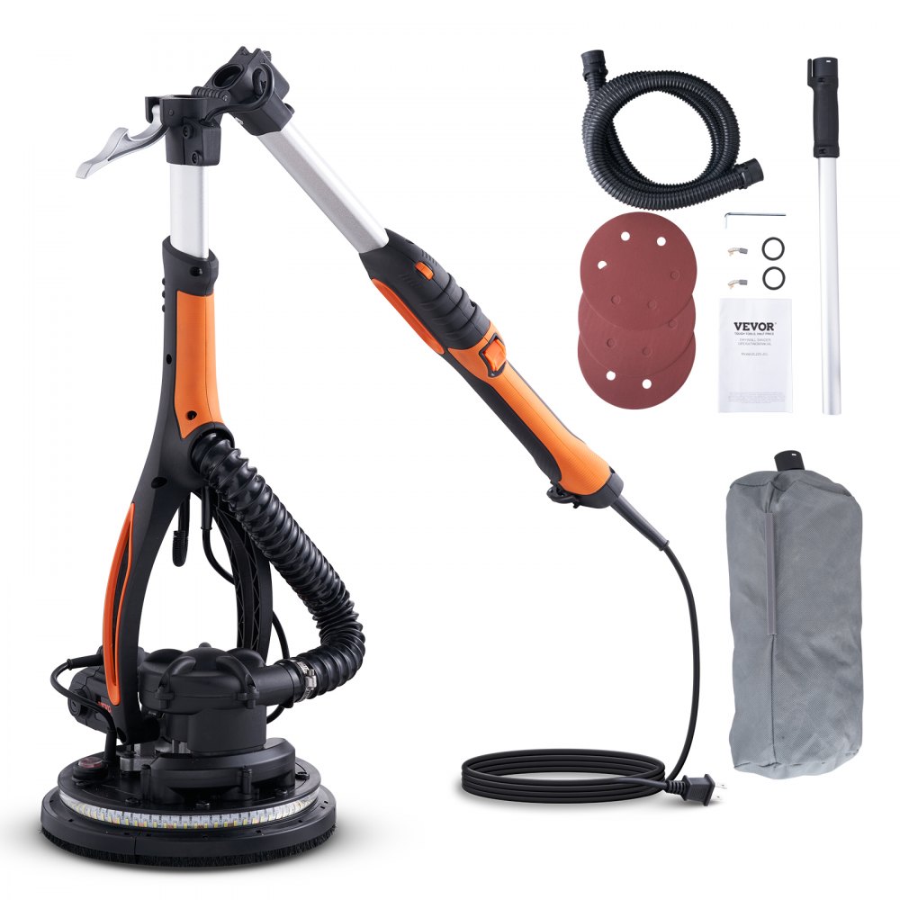 VEVOR drywall sander with handle, sanding discs, vacuum hose, and accessories on white background.