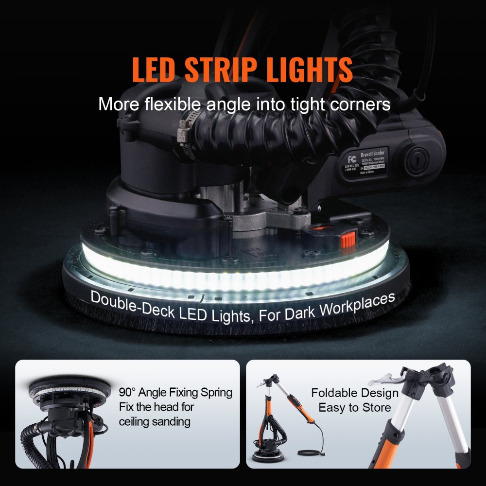 Lijadora de paredes VEVOR de 900 W, incluye 12 almohadillas de lijado, velocidad ajustable de 800 a 1800 RPM, 3 tubos de aspiración, diseño plegable para techos, doble LED, agarre telescópico y colector de polvo.