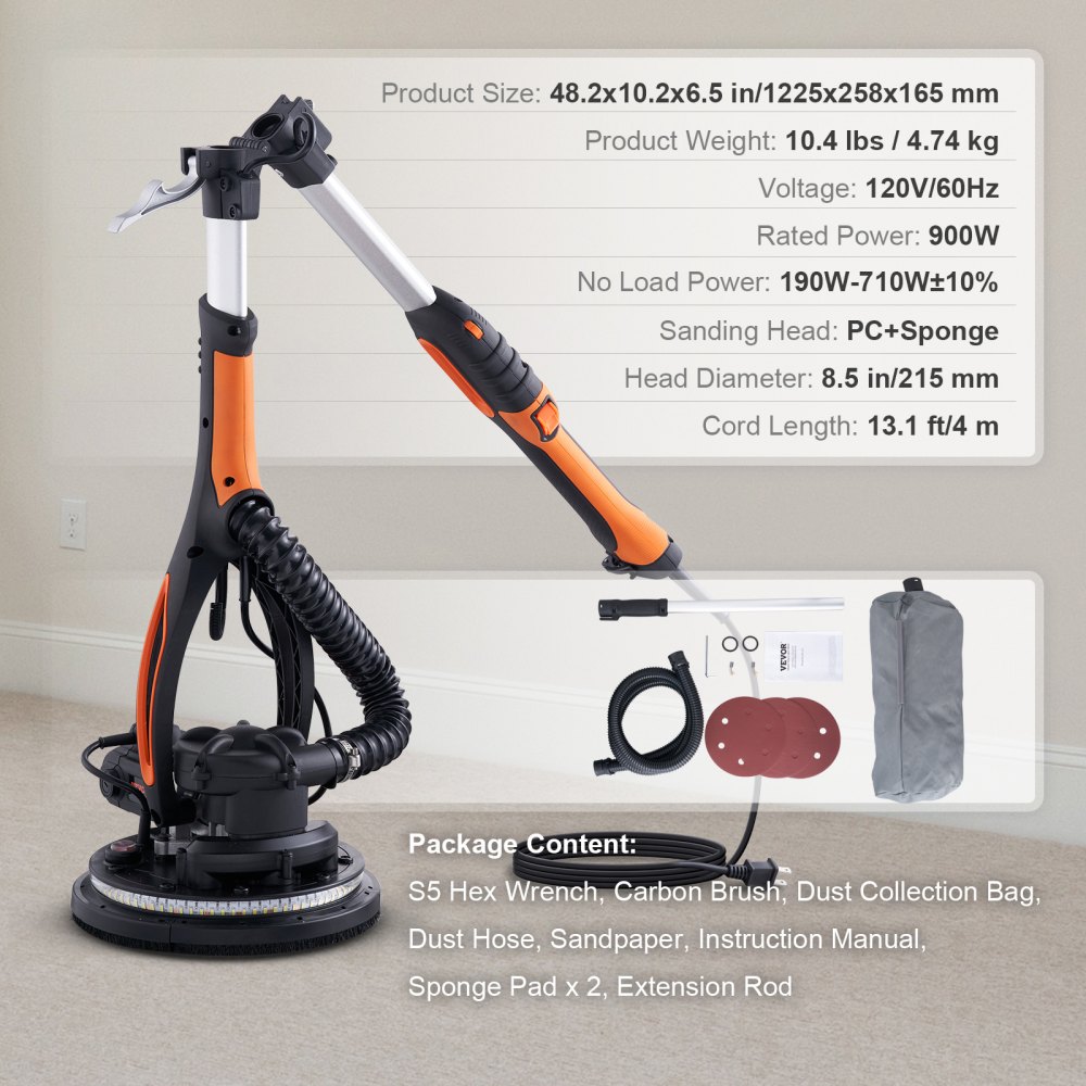 Lijadora de paredes VEVOR de 900 W, incluye 12 almohadillas de lijado, velocidad ajustable de 800 a 1800 RPM, 3 tubos de aspiración, diseño plegable para techos, doble LED, agarre telescópico y colector de polvo.