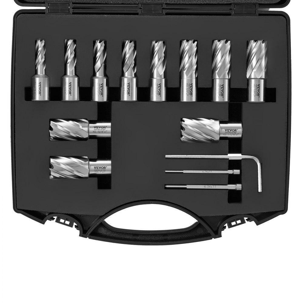 VEVOR Annular Cutter Set, 13 pcs Weldon Shank Mag Drill Bits, 1" Cutting Depth, 7/16" to 1-1/16" Cutting Diameter, M2AL HSS, 2 Pilot Pins, Hex Wrench and Portable Case, for Using with Magnetic Drills