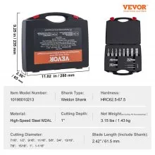 VEVOR Annular Cutter Set, 13 pcs Weldon Shank Mag Drill Bits, 1" Cutting Depth, 7/16" to 1-1/16" Cutting Diameter, M2AL HSS, 2 Pilot Pins, Hex Wrench and Portable Case, for Using with Magnetic Drills