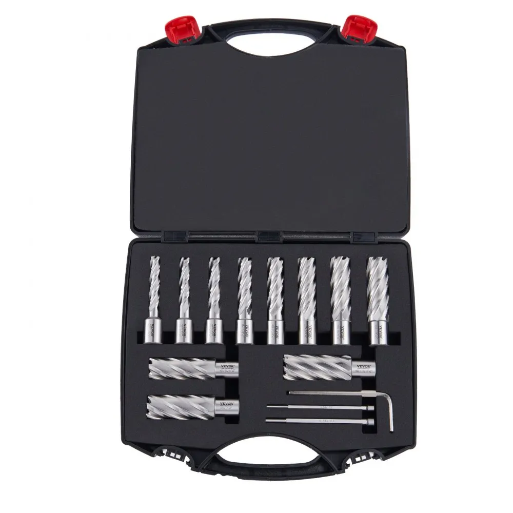 VEVOR Annular Cutter Set, 13 pcs Weldon Shank Mag Drill Bits, 5.1 cm Cutting Depth, 1.1 to 1-2.7 cm Cutting Diameter, M2AL HSS, with 2 Pilot Pins, Hex Wrench and Portable Case, for Using with Magnetic Dr