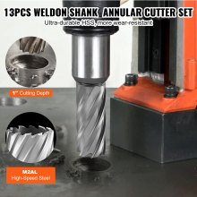 VEVOR Annular Cutter Set, 13 pcs Weldon Shank Mag Drill Bits, 7/16" to 1-1/16" Cutting Diameter, 2" Cutting Depth, M2AL HSS, with 2 Pilot Pins, Hex Wrench and Portable Case, for Using with Magnetic Dr