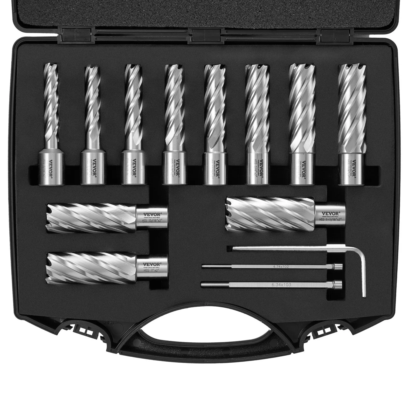 VEVOR Annular Cutter Set, 13 pcs Weldon Shank Mag Drill Bits, 5.1 cm Cutting Depth, 1.1 to 1-2.7 cm Cutting Diameter, M2AL HSS, with 2 Pilot Pins, Hex Wrench and Portable Case, for Using with Magnetic Dr