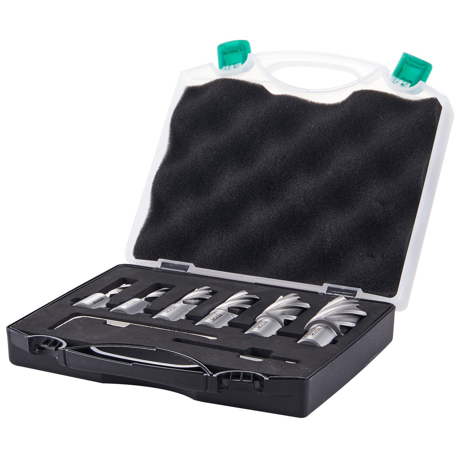 VEVOR annular cutter set in black foam case with green latch. multiple sizes included.