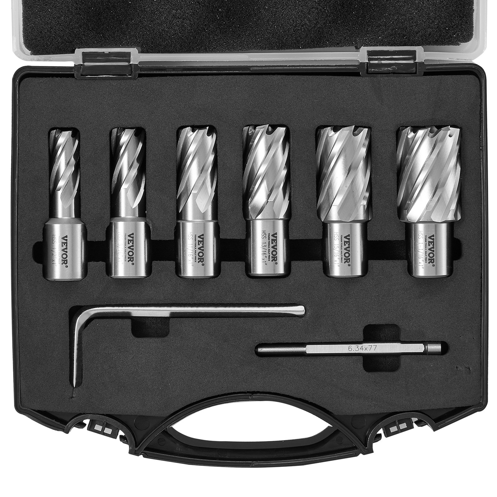 VEVOR Annular Cutter Set, 6 pcs Weldon Shank Mag Drill Bits, 25.4mm Cutting Depth, 1/2" to 1-1/16" Cutting Diameter, M2AL High-Speed Steel, with Pilot Pin and Portable Case, for Using with Magnetic Drills