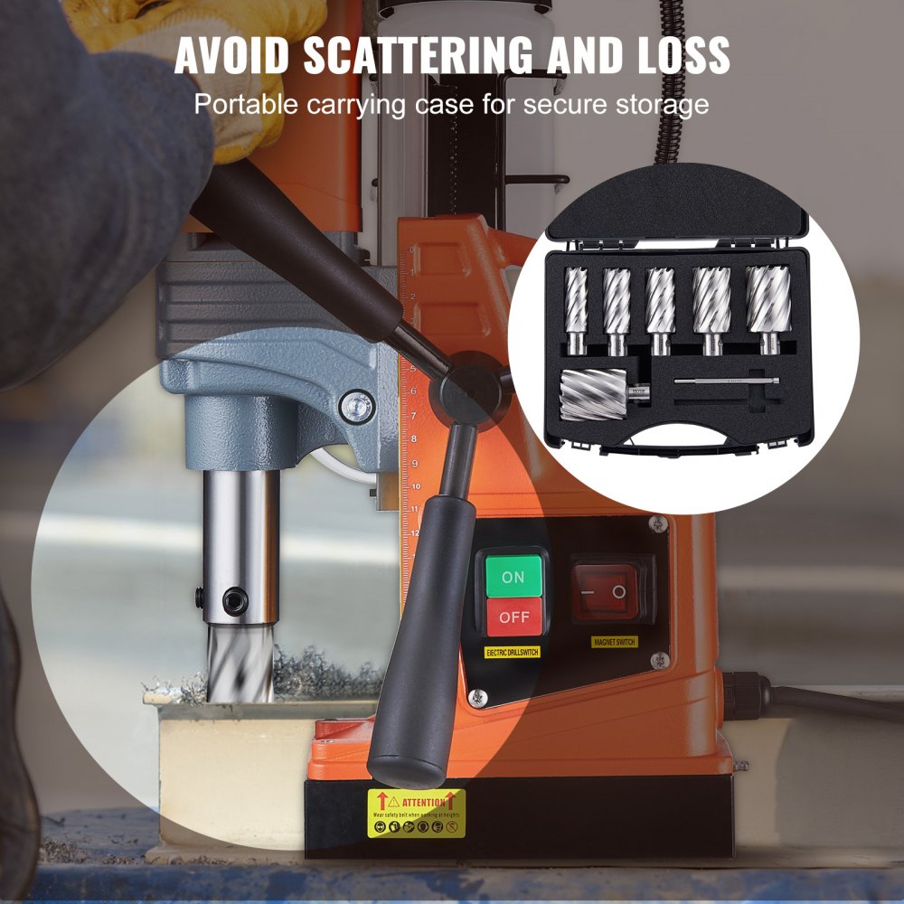 worker using a drilling machine with VEVOR annular cutter set and carrying case in focus.