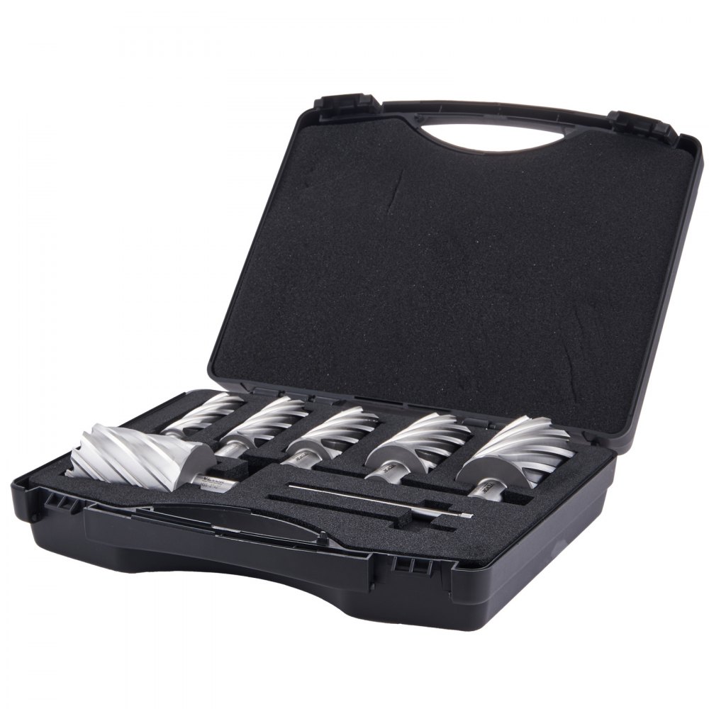 VEVOR annular cutter set in a black case with six annular cutters neatly arranged.