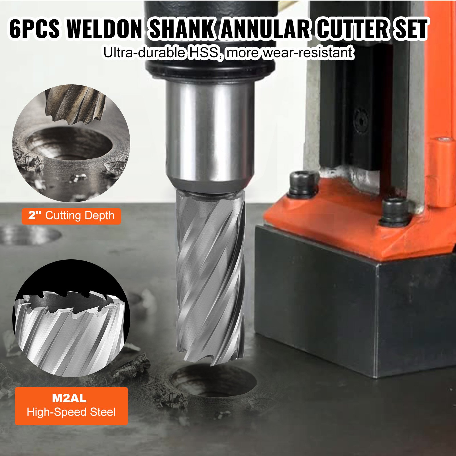 6pcs weldon shank annular cutter set, 2&quot; cutting depth, m2al high-speed steel, ultra-durable hss.