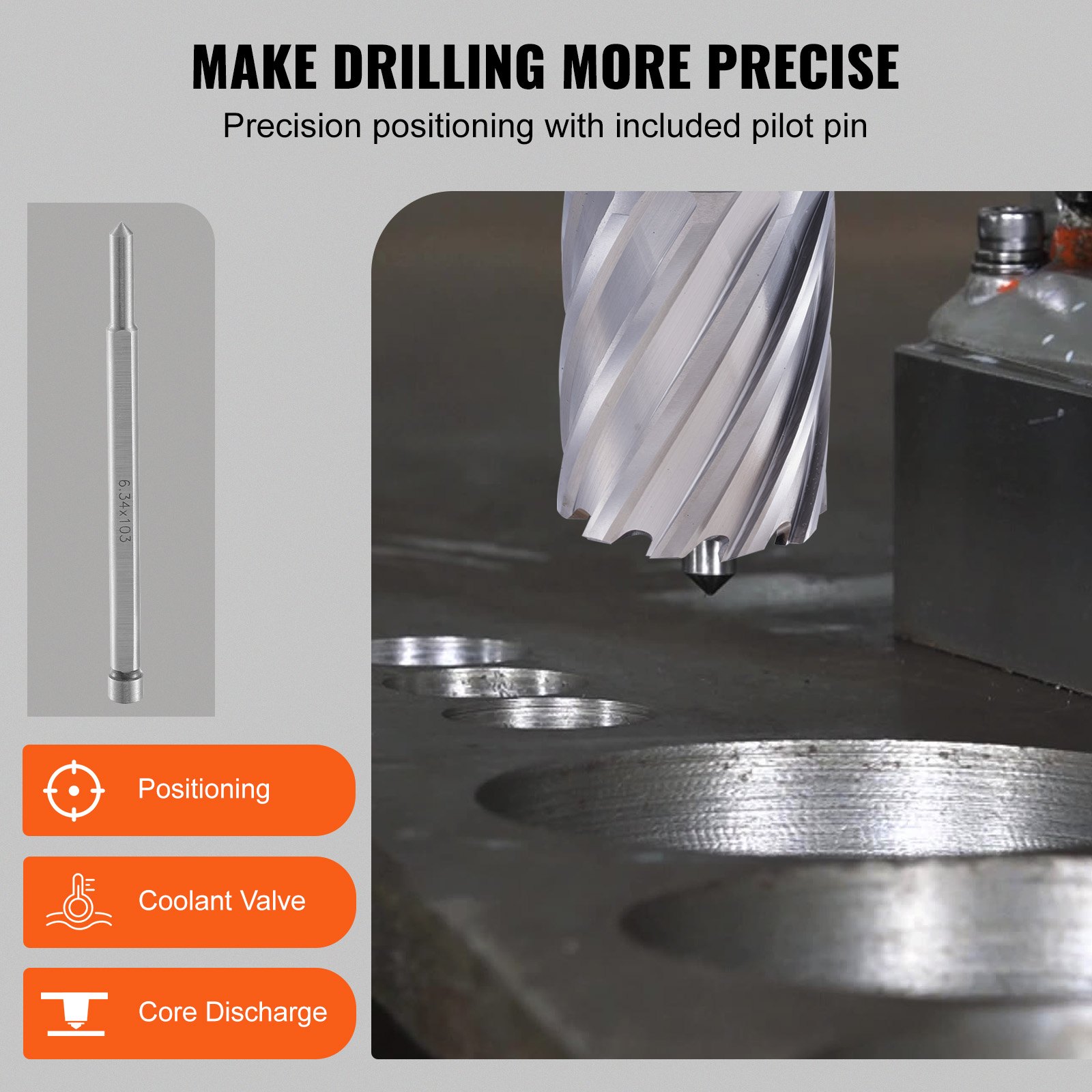 VEVOR annular cutter set ensuring precise drilling with pilot pin, core discharge, and coolant valve.