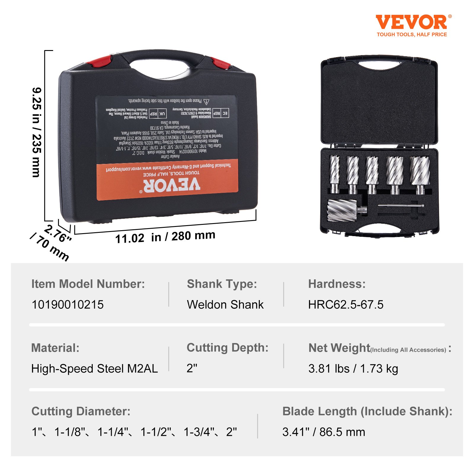 VEVOR annular cutter set in a black case with specifications for size, material, and cutting depth.