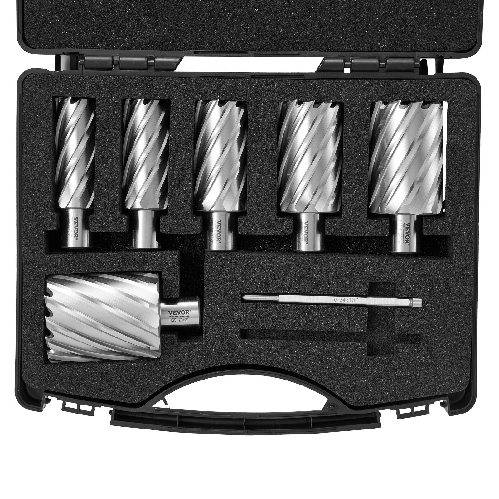 VEVOR annular cutter set in black foam case, showcasing six cutter bits and one tool.