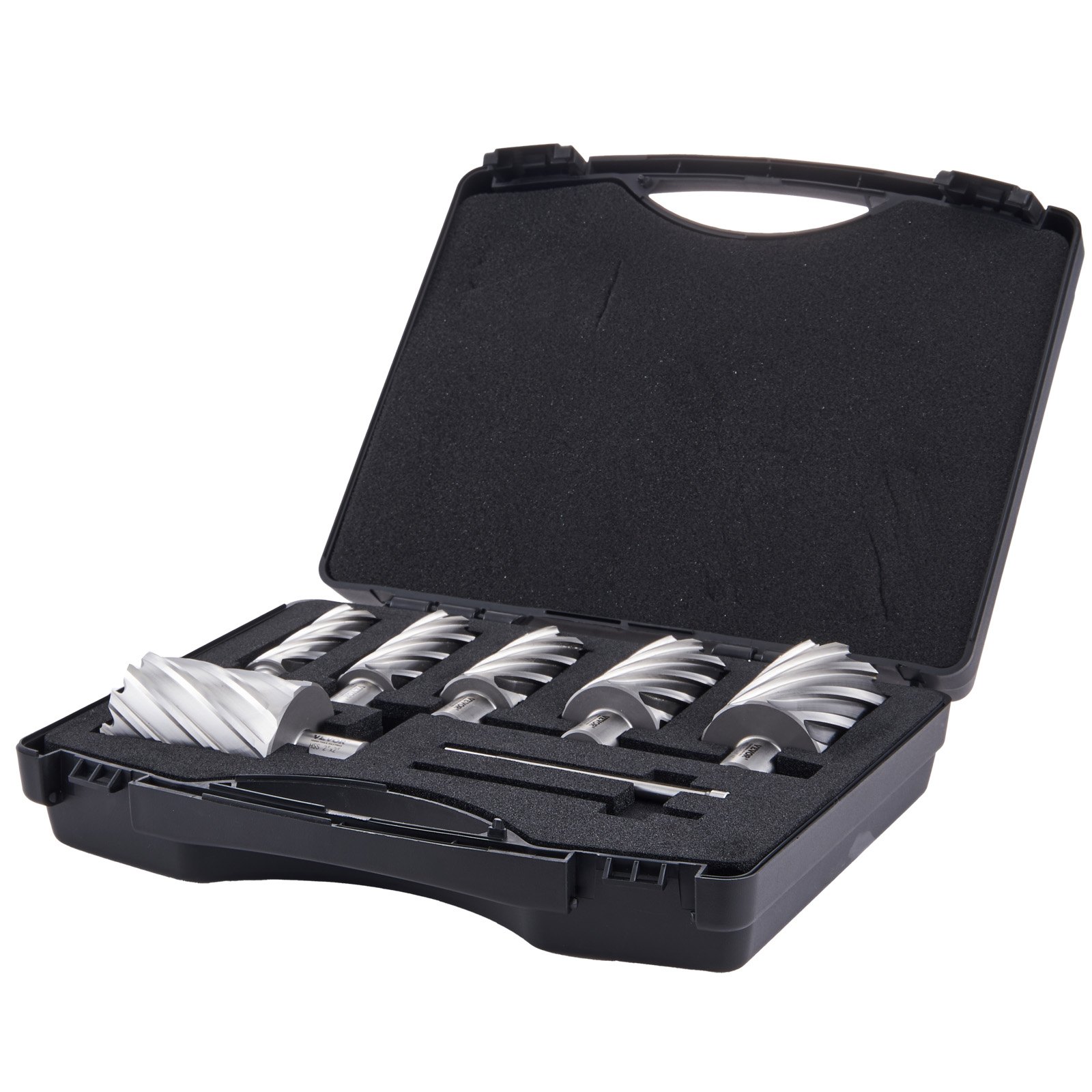 VEVOR annular cutter set in a black case with six annular cutters neatly arranged.