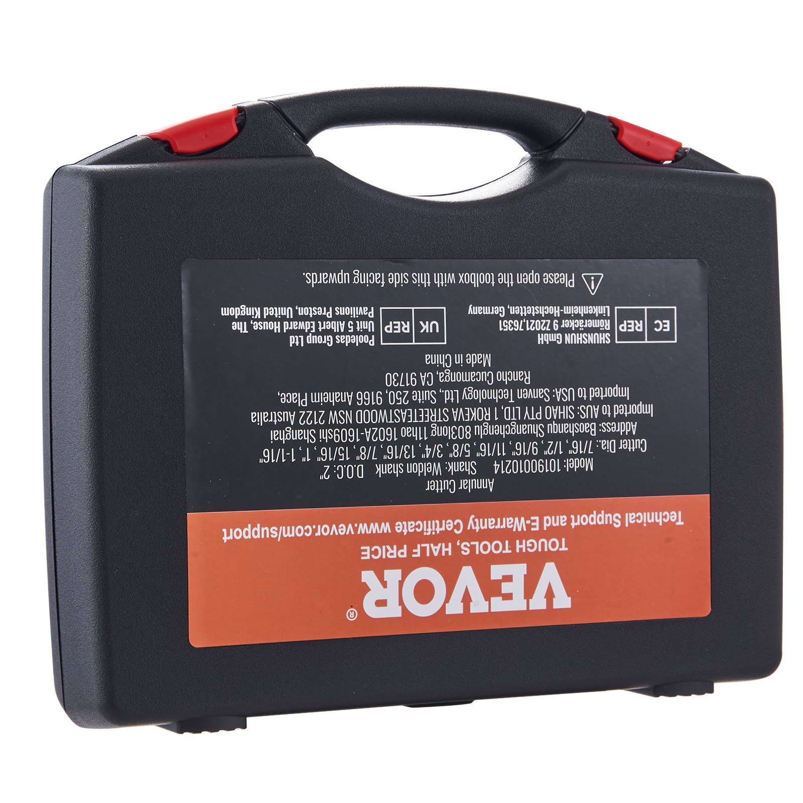 black hard case with red latches and VEVOR annular cutter set label for tools and accessories.