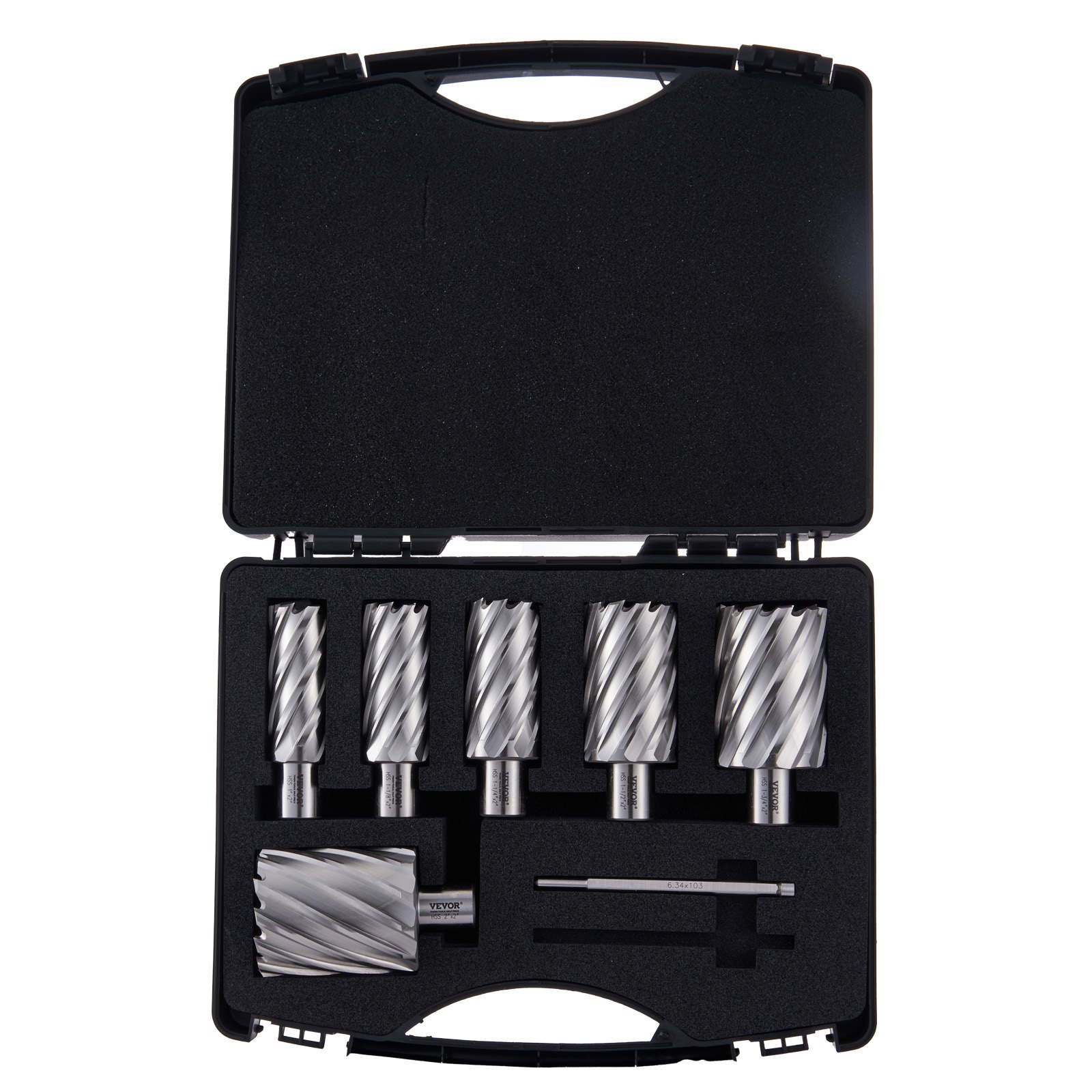 VEVOR annular cutter set in a hard case with multiple precision drill bits.