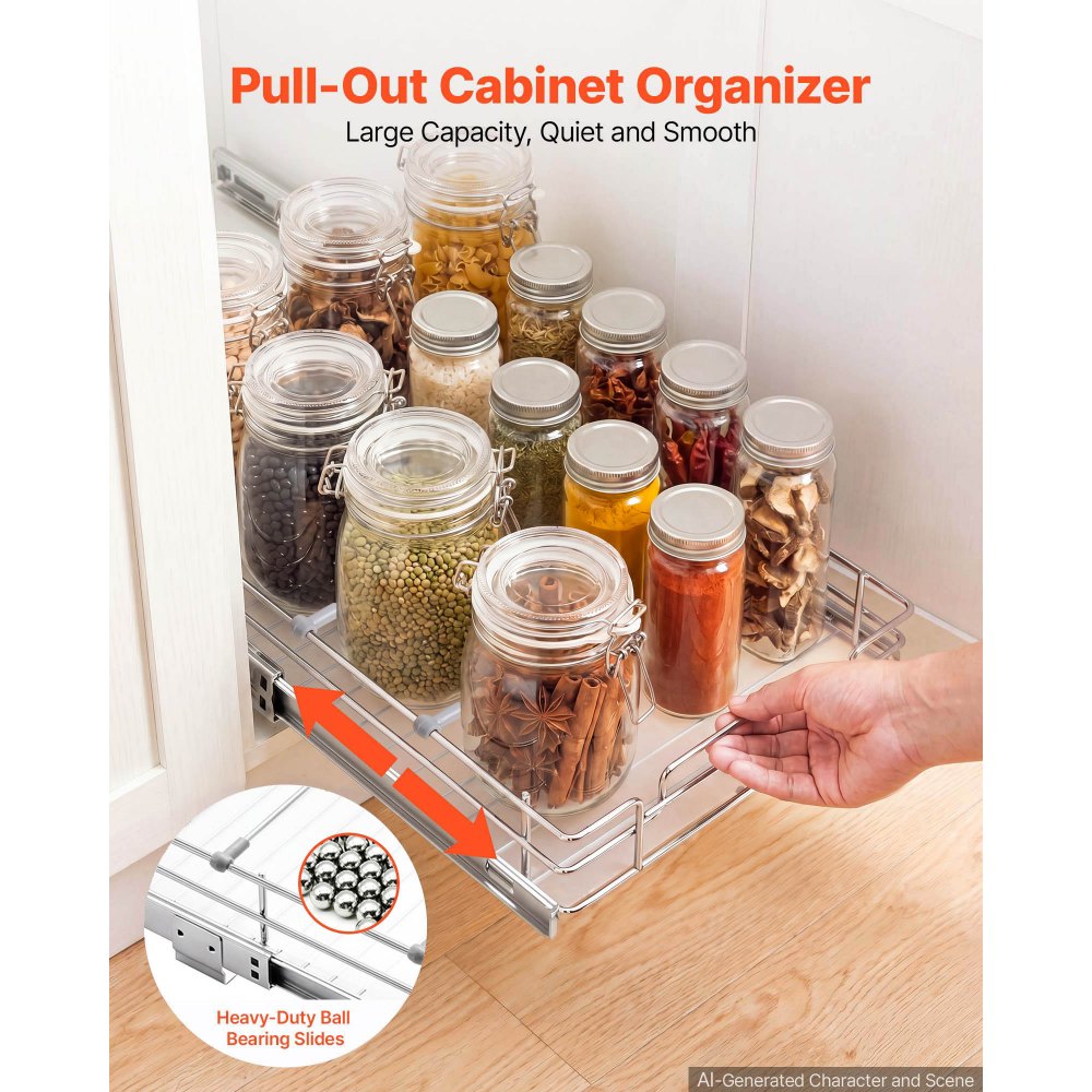 VEVOR Pull Out Cabinet Organizer 12.4"W x 16.54"D Steel Slide Out Drawers, for Kitchen Bathroom Pantry Home Organization, Chrome-Plated Finish, Heavy Duty Storage Sliding Shelves for Base Cabinets