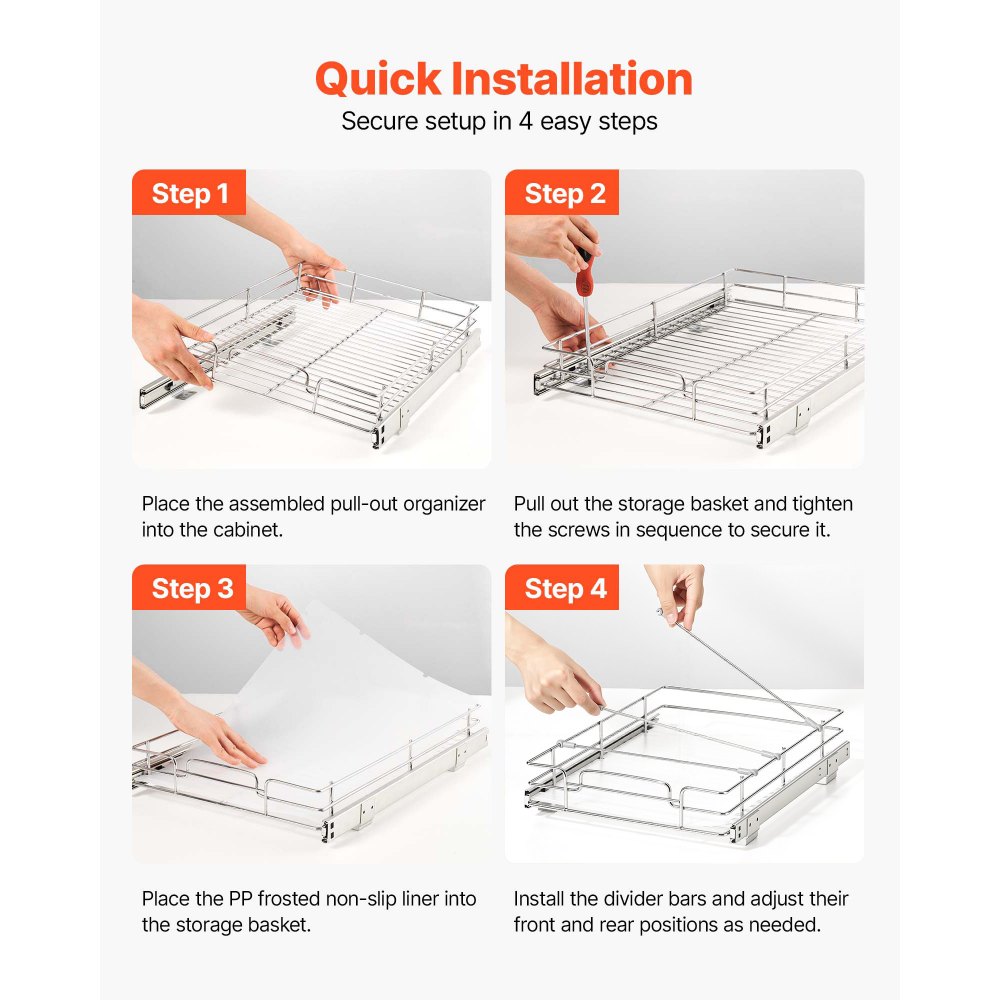 VEVOR Pull Out Cabinet Organizer 12.4"W x 16.54"D Steel Slide Out Drawers, for Kitchen Bathroom Pantry Home Organization, Chrome-Plated Finish, Heavy Duty Storage Sliding Shelves for Base Cabinets