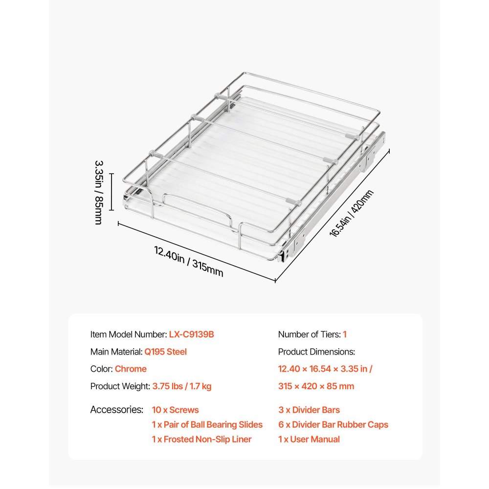 VEVOR Pull Out Cabinet Organizer 12.4"W x 16.54"D Steel Slide Out Drawers, for Kitchen Bathroom Pantry Home Organization, Chrome-Plated Finish, Heavy Duty Storage Sliding Shelves for Base Cabinets