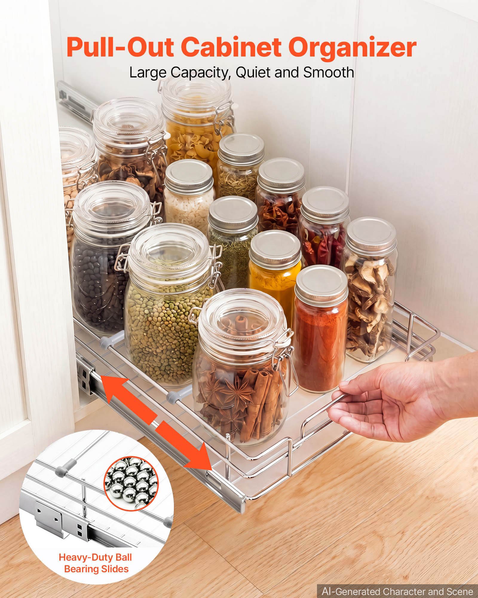 VEVOR Pull Out Cabinet Organizer 12.4"W x 16.54"D Steel Slide Out Drawers, for Kitchen Bathroom Pantry Home Organization, Chrome-Plated Finish, Heavy Duty Storage Sliding Shelves for Base Cabinets
