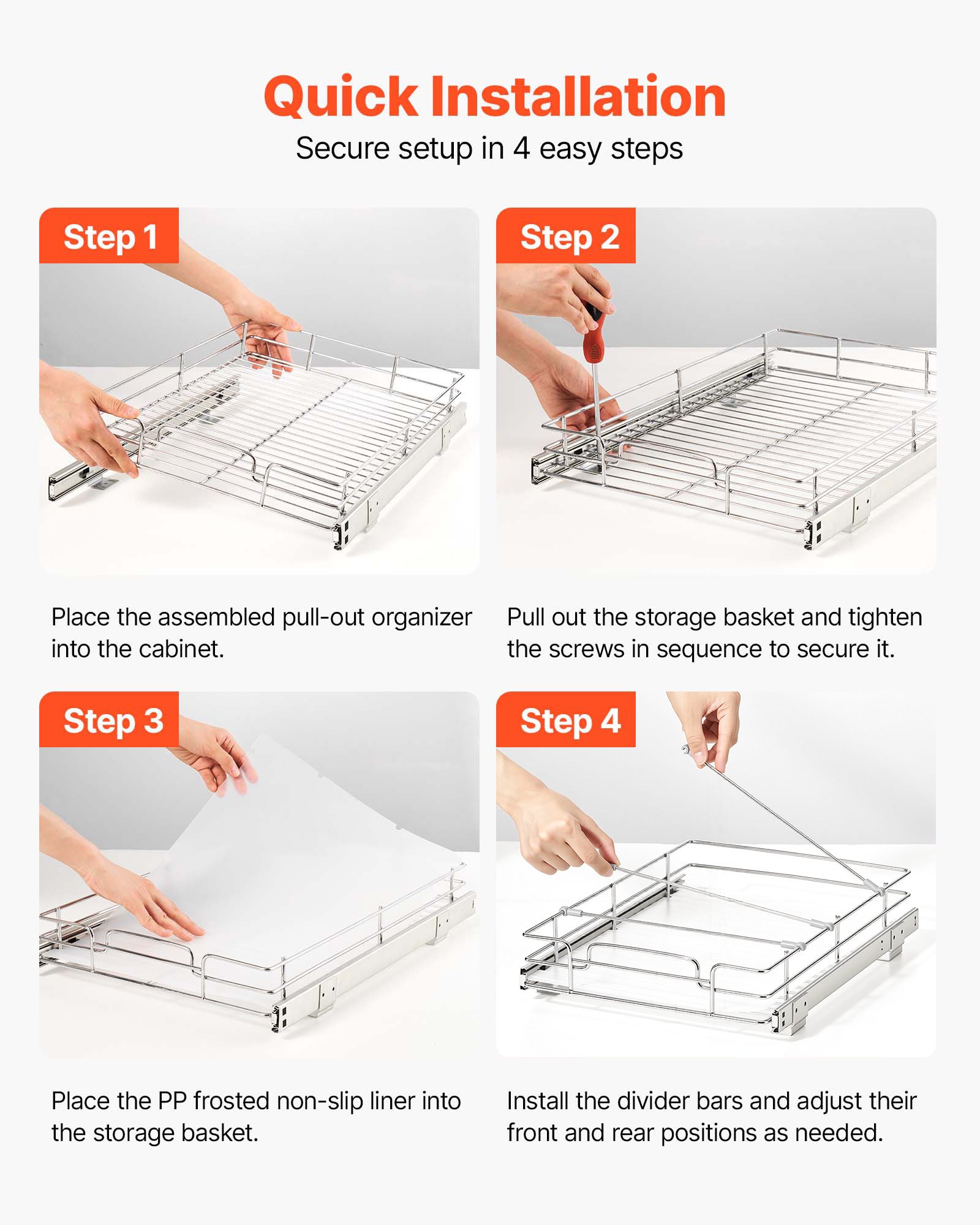 VEVOR Pull Out Cabinet Organizer 12.4"W x 16.54"D Steel Slide Out Drawers, for Kitchen Bathroom Pantry Home Organization, Chrome-Plated Finish, Heavy Duty Storage Sliding Shelves for Base Cabinets