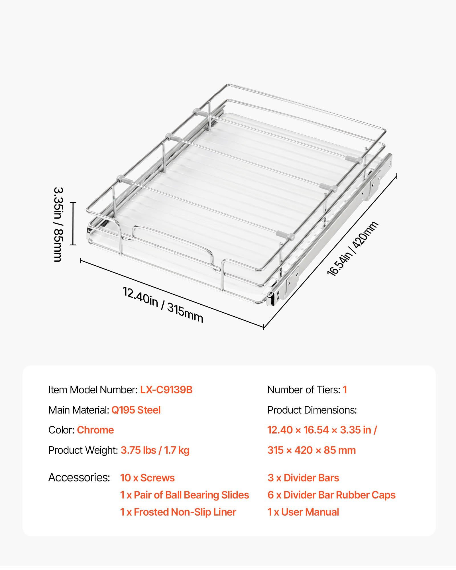 VEVOR Pull Out Cabinet Organizer 12.4"W x 16.54"D Steel Slide Out Drawers, for Kitchen Bathroom Pantry Home Organization, Chrome-Plated Finish, Heavy Duty Storage Sliding Shelves for Base Cabinets