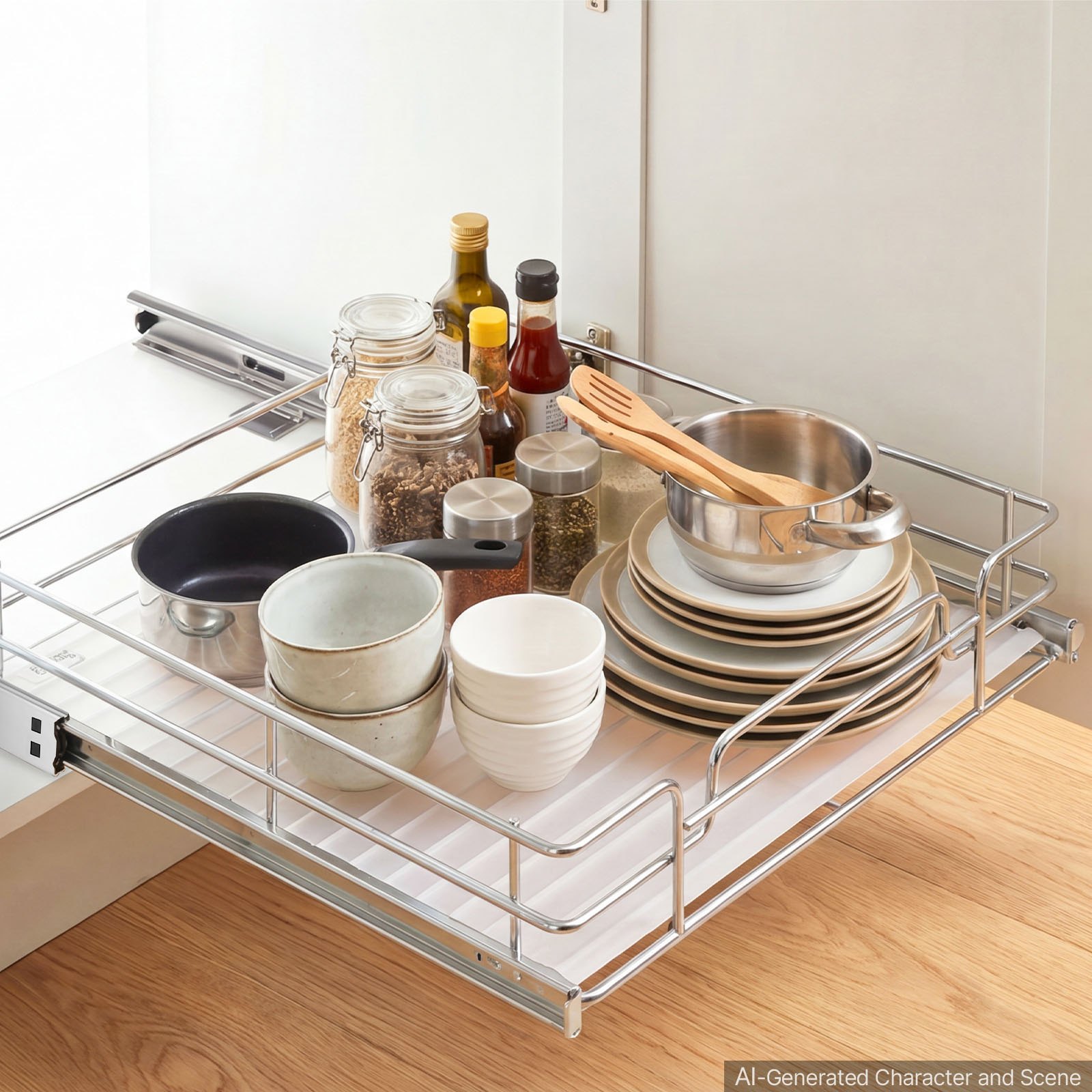VEVOR Pull Out Cabinet Organizer 12.4"W x 16.54"D Steel Slide Out Drawers, for Kitchen Bathroom Pantry Home Organization, Chrome-Plated Finish, Heavy Duty Storage Sliding Shelves for Base Cabinets