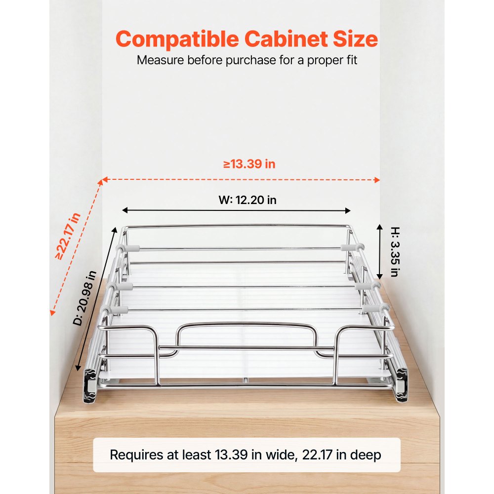 VEVOR Pull Out Cabinet Organizer 12.2"W x 20.98"D Steel Slide Out Drawers, for Kitchen Bathroom Pantry Home Organization, Chrome-Plated Finish, Heavy Duty Storage Sliding Shelves for Base Cabinets