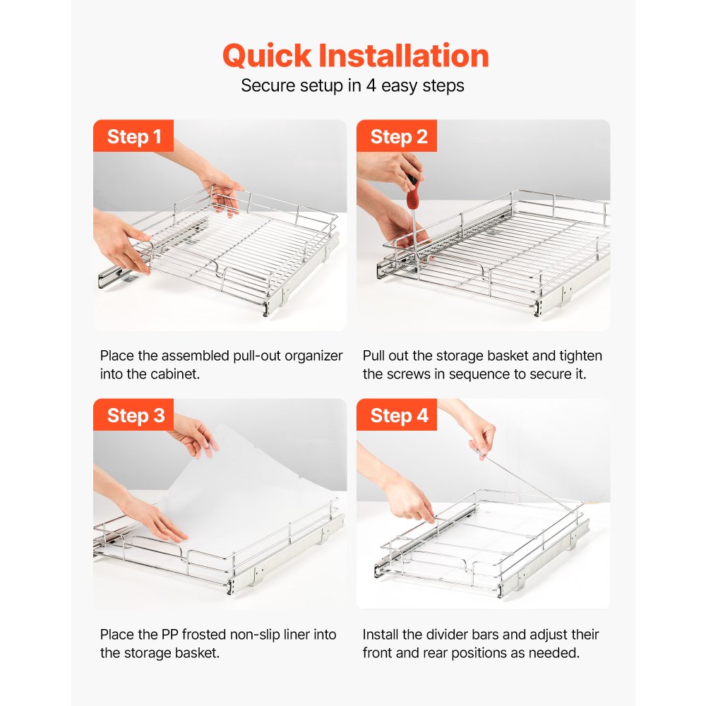 VEVOR Pull Out Cabinet Organizer 12.2"W x 20.98"D Steel Slide Out Drawers, for Kitchen Bathroom Pantry Home Organization, Chrome-Plated Finish, Heavy Duty Storage Sliding Shelves for Base Cabinets