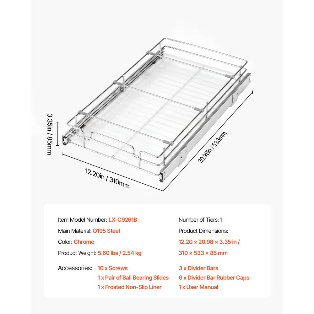 VEVOR Pull Out Cabinet Organizer 12.2"W x 20.98"D Steel Slide Out Drawers, for Kitchen Bathroom Pantry Home Organization, Chrome-Plated Finish, Heavy Duty Storage Sliding Shelves for Base Cabinets