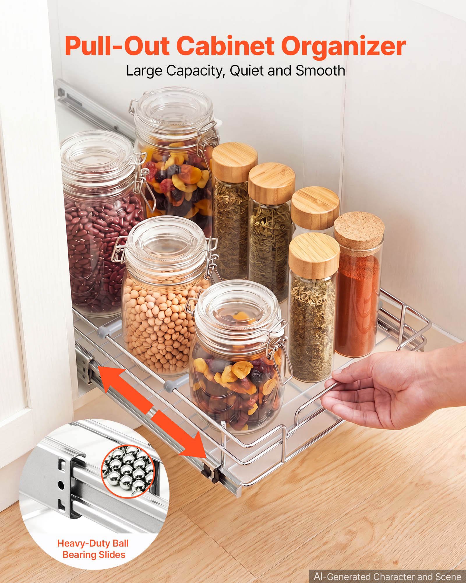 VEVOR Pull Out Cabinet Organizer 12.2"W x 20.98"D Steel Slide Out Drawers, for Kitchen Bathroom Pantry Home Organization, Chrome-Plated Finish, Heavy Duty Storage Sliding Shelves for Base Cabinets