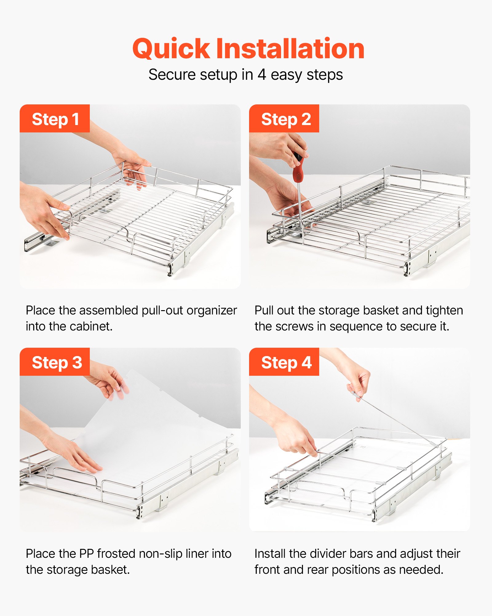 VEVOR Pull Out Cabinet Organizer 12.2"W x 20.98"D Steel Slide Out Drawers, for Kitchen Bathroom Pantry Home Organization, Chrome-Plated Finish, Heavy Duty Storage Sliding Shelves for Base Cabinets