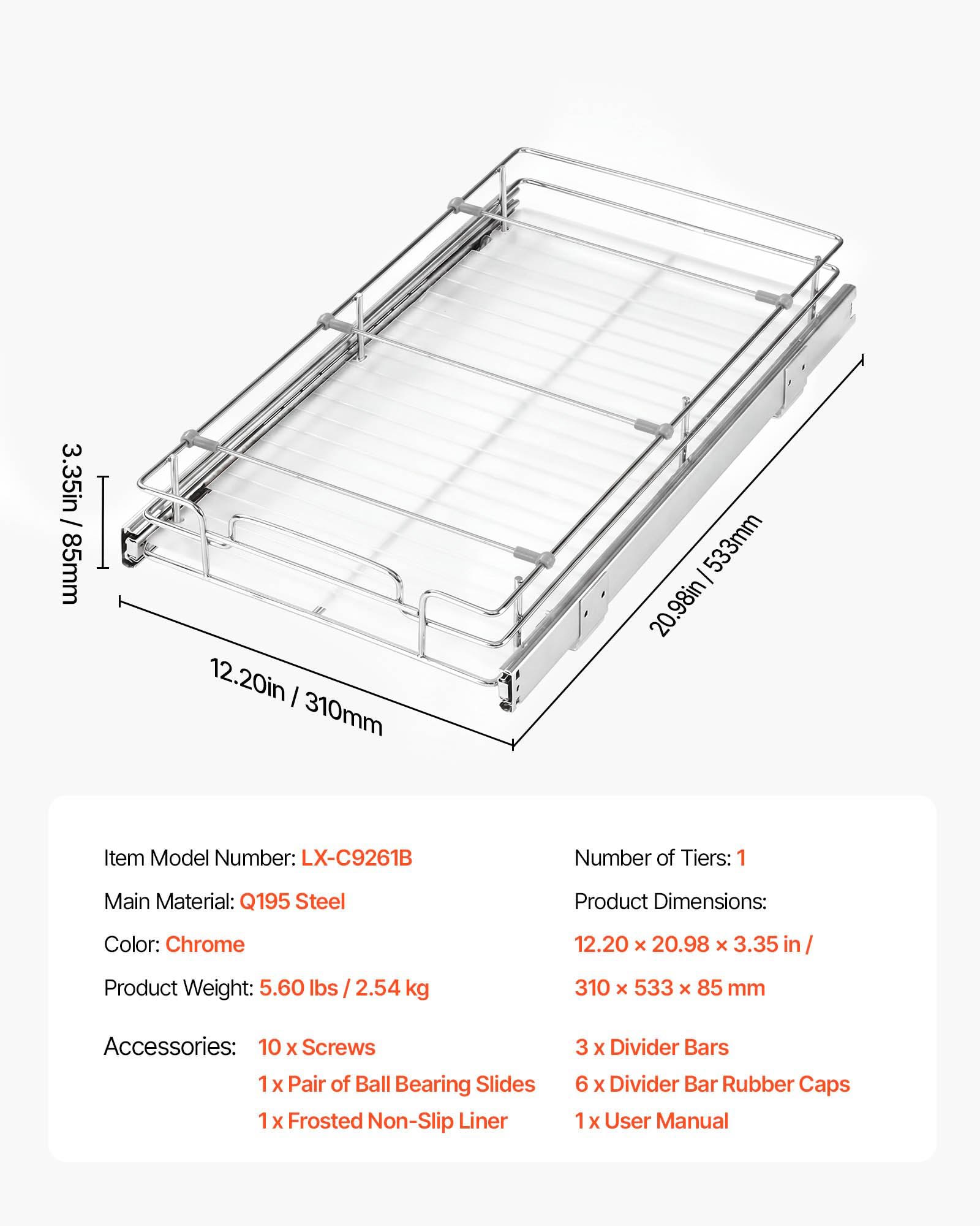 VEVOR Pull Out Cabinet Organizer 12.2"W x 20.98"D Steel Slide Out Drawers, for Kitchen Bathroom Pantry Home Organization, Chrome-Plated Finish, Heavy Duty Storage Sliding Shelves for Base Cabinets