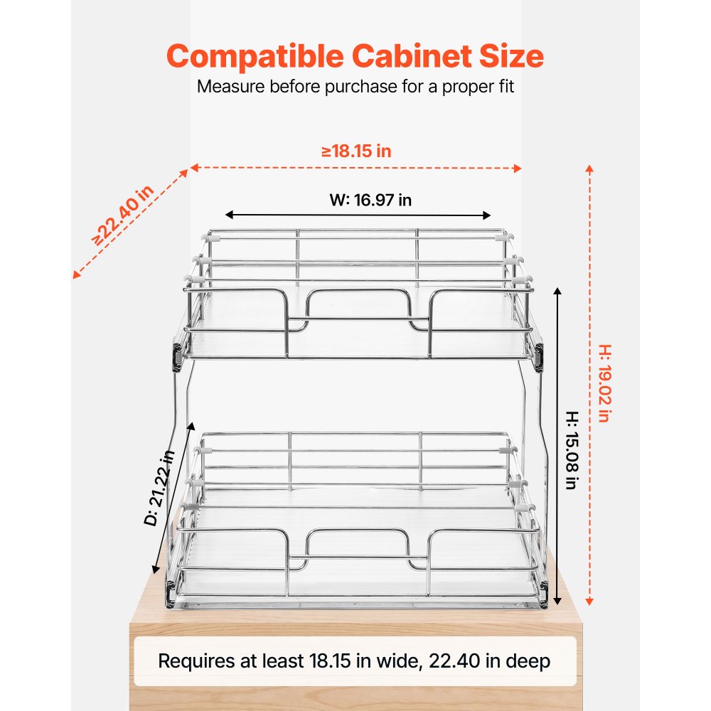 VEVOR 2 Tier Pull Out Cabinet Organizer 16.97"W x 21.22"D Slide Out Drawers, for Kitchen Bathroom Pantry Organization, Chrome-Plated Finish, Heavy Duty Steel Storage Sliding Shelves for Base Cabinets