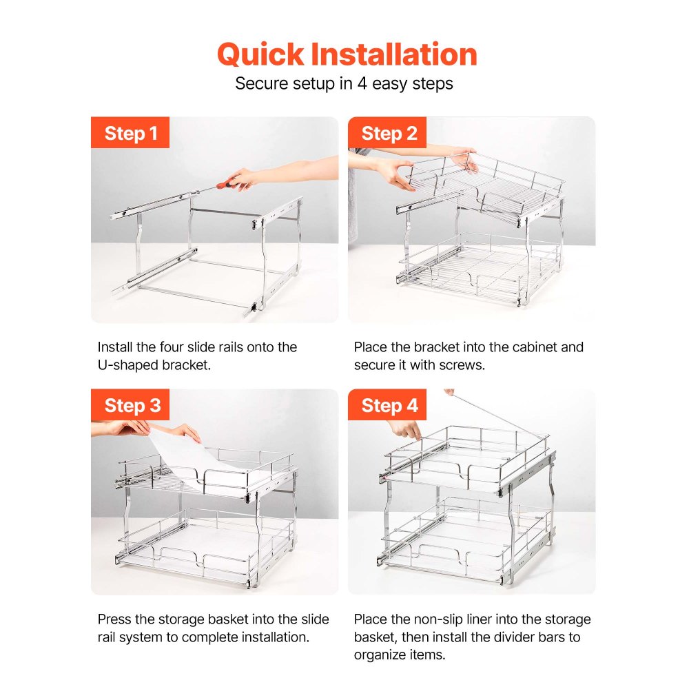 VEVOR 2 Tier Pull Out Cabinet Organizer 16.97"W x 21.22"D Slide Out Drawers, for Kitchen Bathroom Pantry Organization, Chrome-Plated Finish, Heavy Duty Steel Storage Sliding Shelves for Base Cabinets